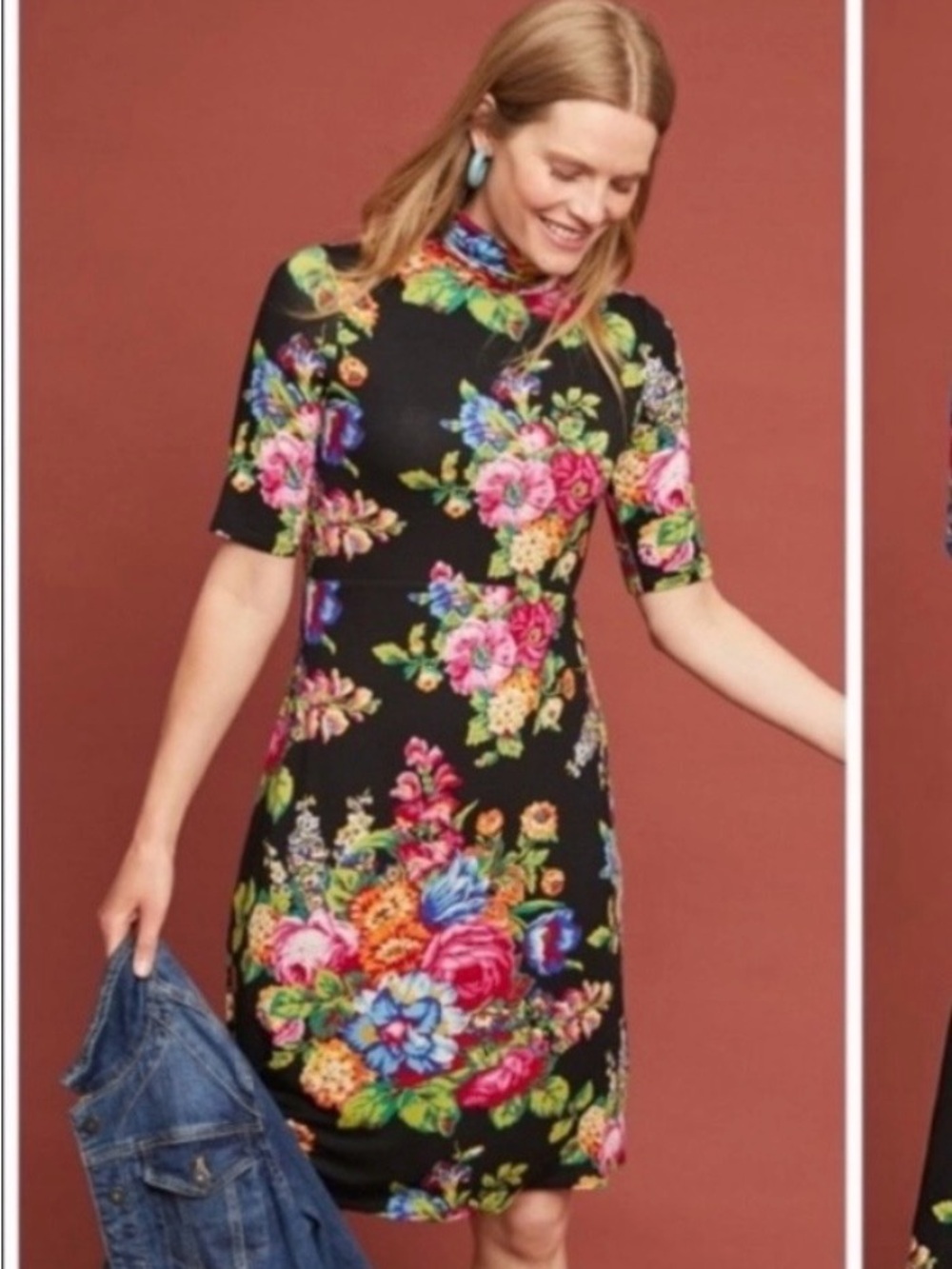 Anthropologie Ett:Twa Floral Mock Neck Midi‎ Dress Black Multicolor XS